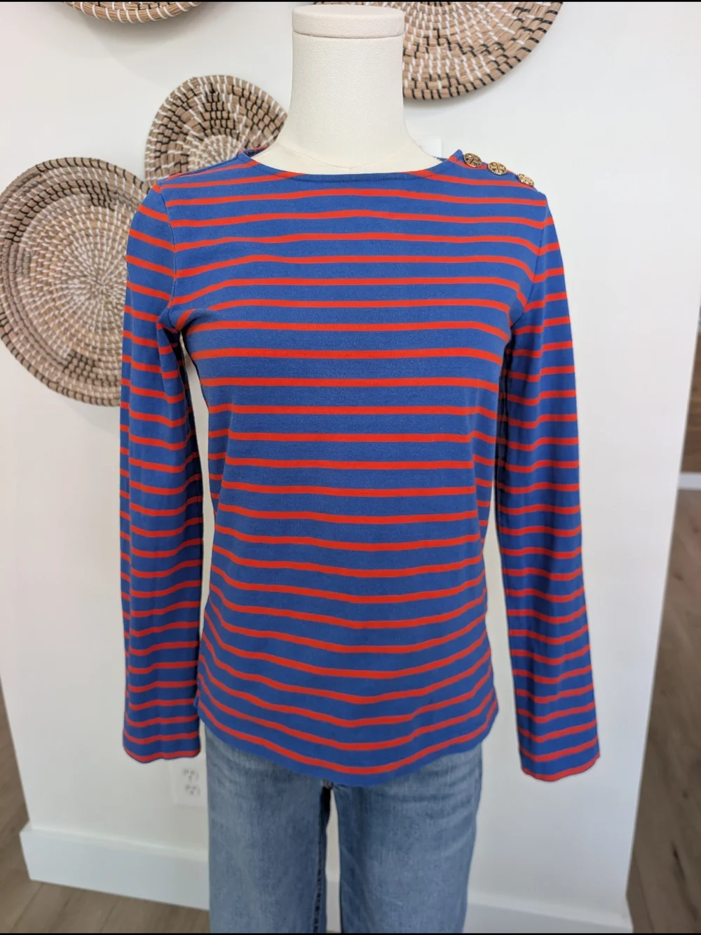 ​Tory Burch Striped Boatneck Long Sleeve Top Gold Logo Shoulder Buttons Size XS